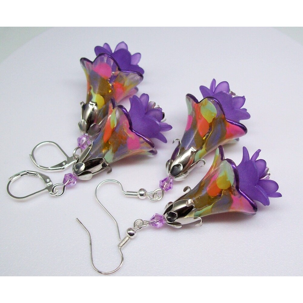 Boho Floral Dangle Earrings, Silver, Hand Painted Artisan Crafted Flower Jewelry